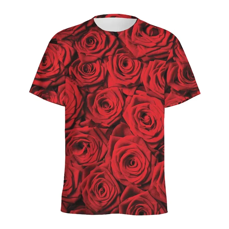 Red Flowers Rose 3D Printing T-shirt Romantic Funny Short Sleeve  Round Neck T Shirt Men's Wear 2024 Summer New Breathable Tee