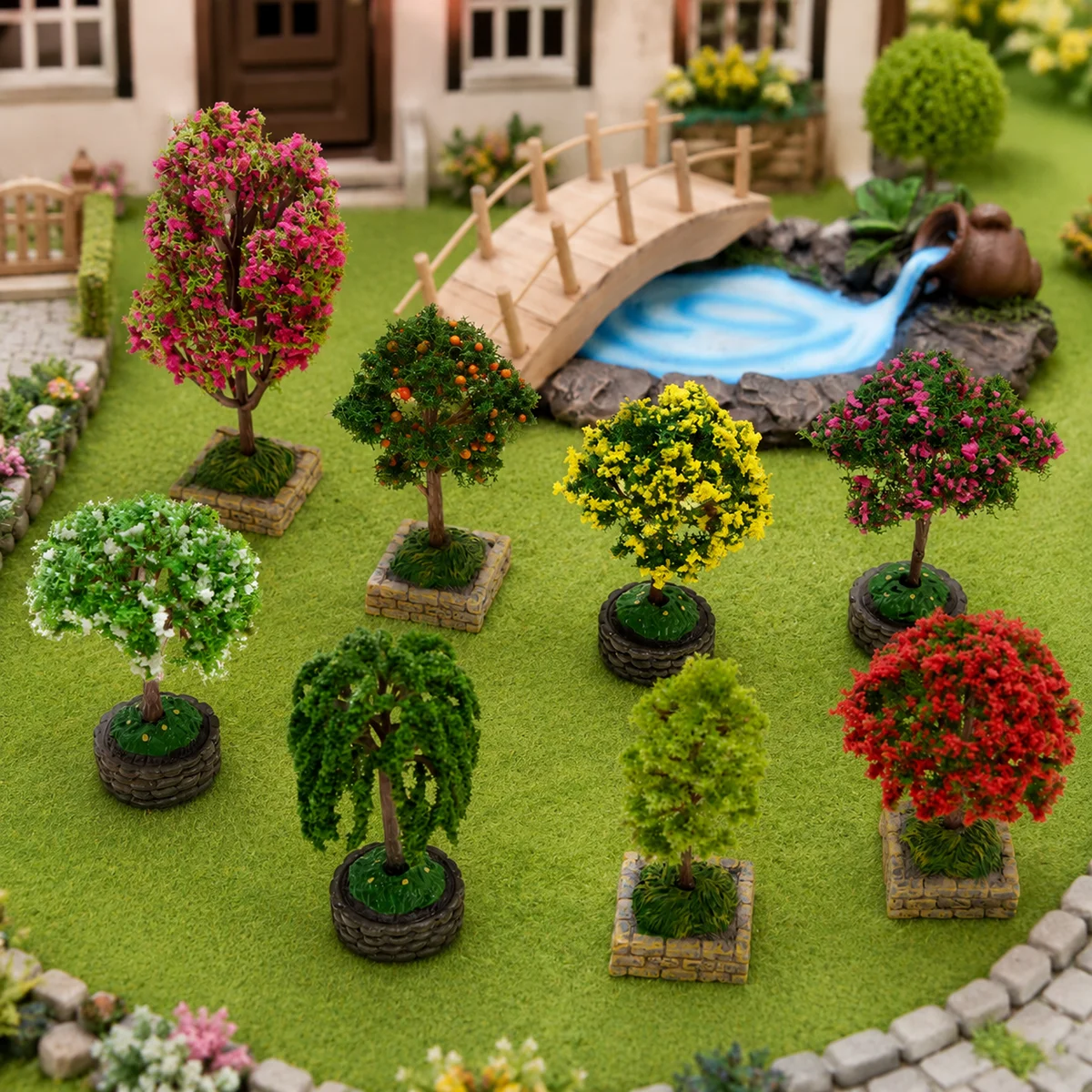 Dollhouse Miniature Tree Model Flower Fruit Tree With Base 1:12 Scale Micro Landscape Bonsai Moss DIY Garden Train Scenery Decor