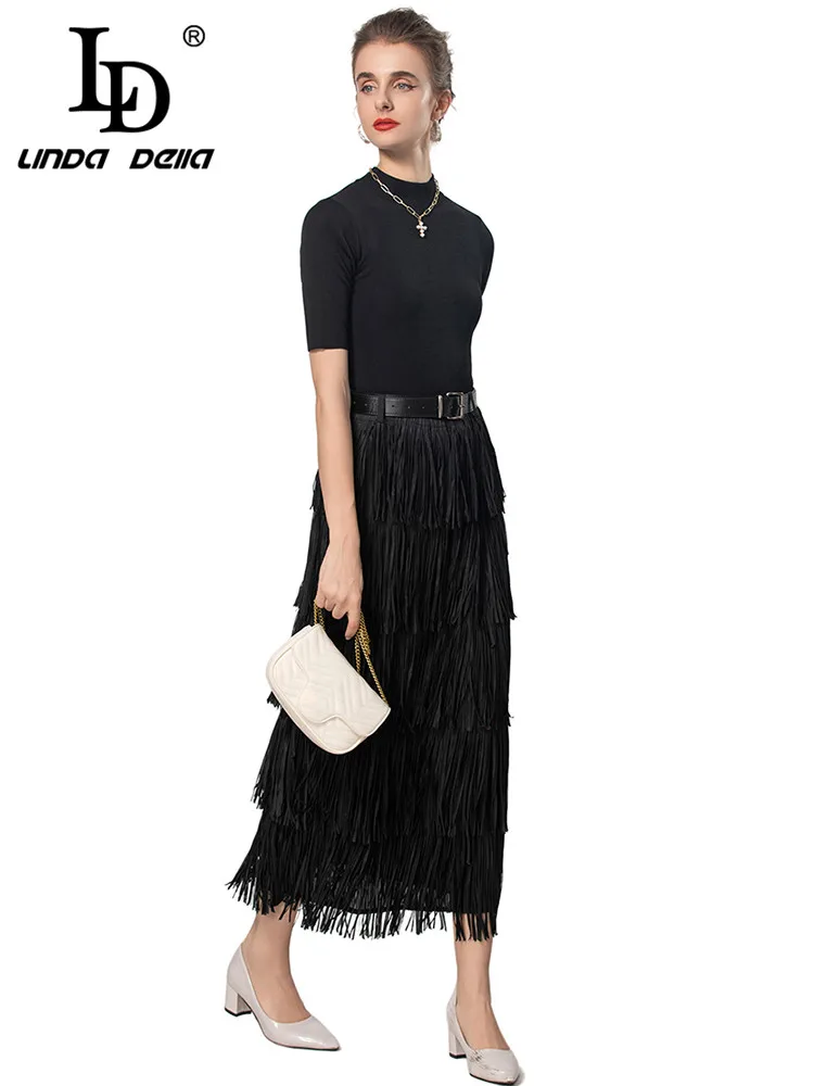 LD LINDA DELLA Autumn and Winter Women's Suit Short-Sleeved Slim Tops+Fashion Tassel With Belt Skirt Black Basic 2 piece set