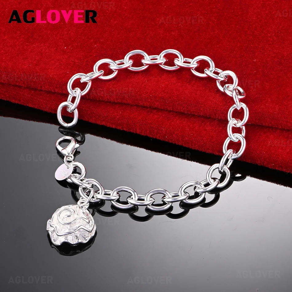 

AGLOVER 925 Sterling Silver Rose Pendant Chain Bracelet Women Charm Fashion Wedding Jewelry