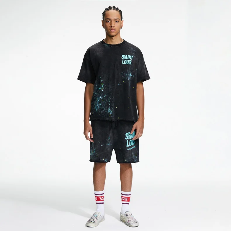 SSSAINT LOUIS Handmade distressed and dirty ink-painted damaged logo short-sleeved casual loose-fit