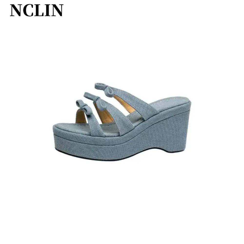 

NCLIN 2024 Ins Sheep Leather Denim Slip On Peep Toe Thick Bottom Casual Summer Shoes Platform Butterfly-knot Women Sandals