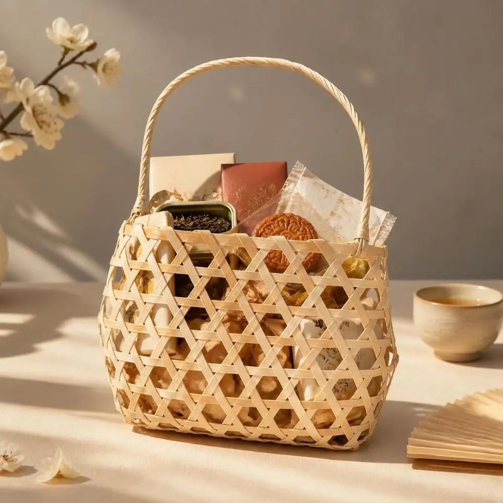Creative Handmade Woven Bamboo Woven Basket Large Capacity Retro Fruit Basket Eco-Friendly Storage Box Basket Party Decor