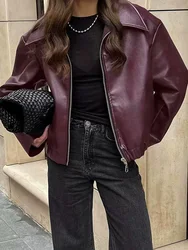 Women Autumn Fashion Faux Leather Burgundy Jackets Casual Lapel Long Sleeve Zipper Coats Female Chic Moto Biker Outerwear TRAF