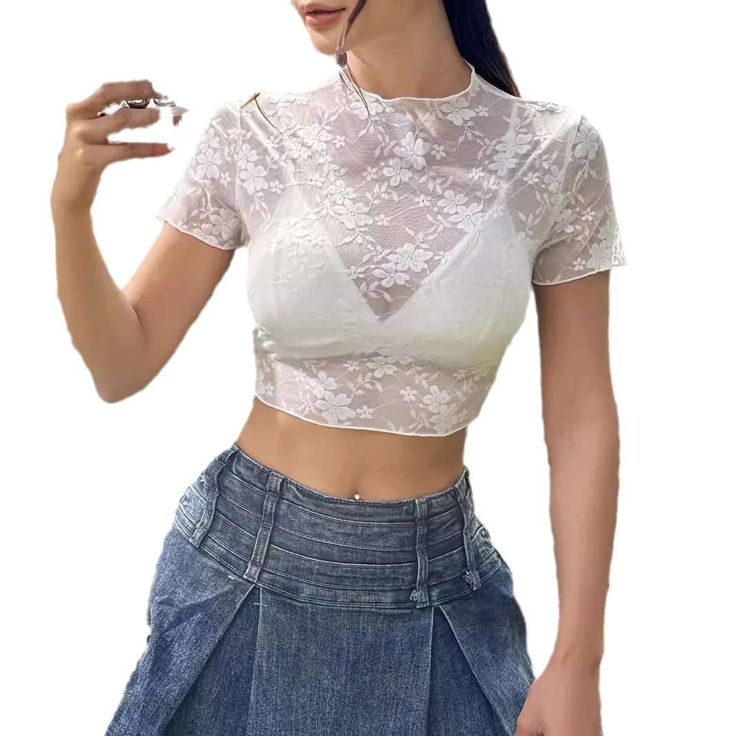 

2025 New Elegant Short Sleeve Lace Dike Flower Fungus Edge Short T-Shirt Skinny Top Women's Clothing cw68796