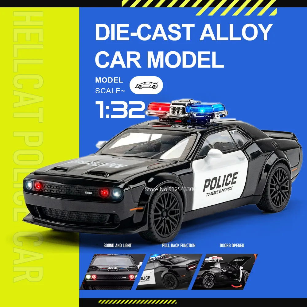 

1:32 Hellcat Police Car Model Toy Doors Opened Sound Light Models Pull Back Metal Diecast Vehicel for Boyfriend Hobby Clooection