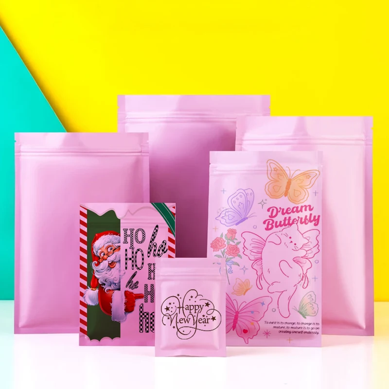 100pcs/lot Custom Printed Pink Mylar Flat Bottom Zipper Nag Candy, Coffee, Toy Bags