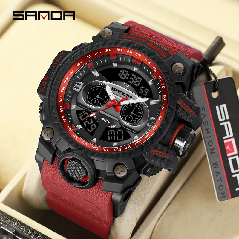 

SANDA Sports Watch Men Multifunctional Chronograph Dual Display Clock 5ATM Waterproof Watches Luxury Brand 2023 New Reloj Hombre