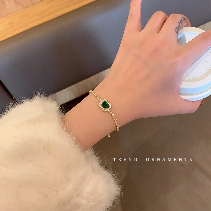 Vintage Full of Rhinestone Green Color Zircon Bracelets For Women Superior Quality Square Crystal Bracelet Wedding Jewelry Gifts