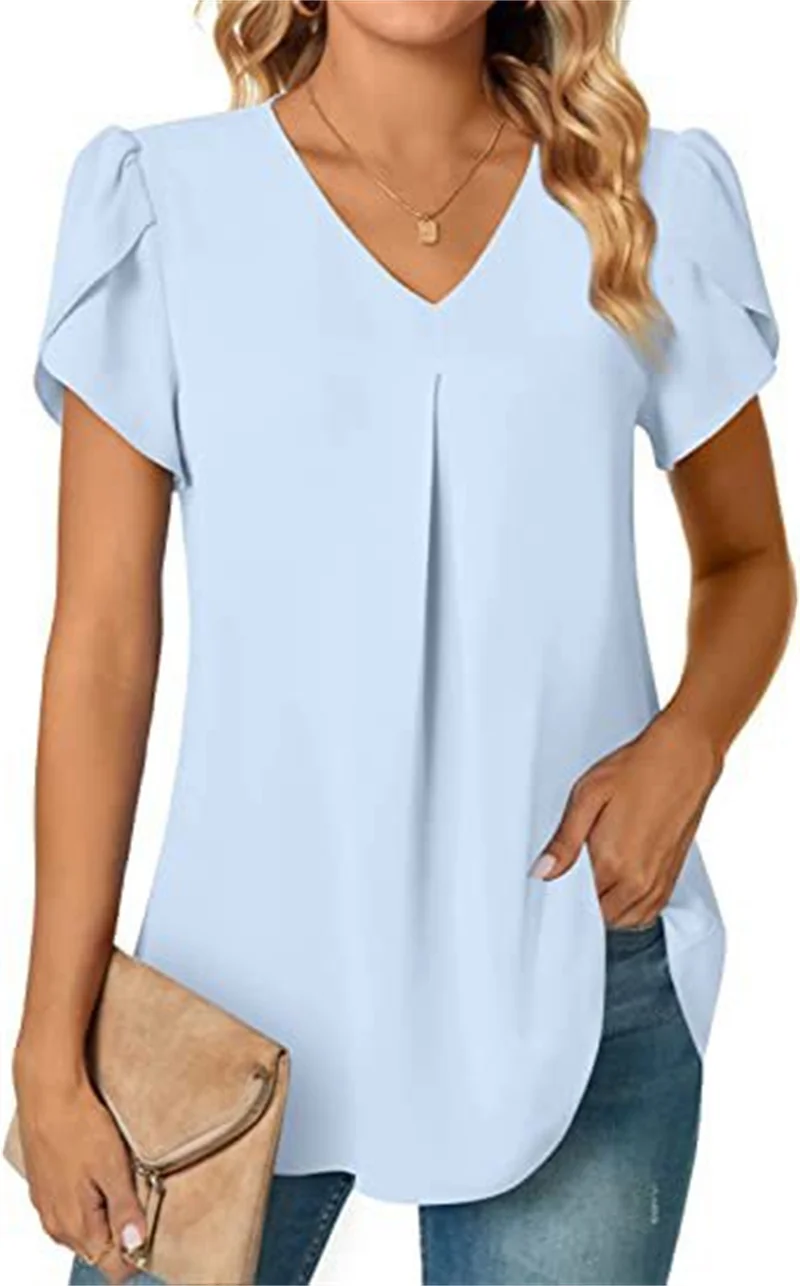 Sexy V Neck Ruffle Short Sleeve Blouse Shirts Summer Women V Neck Solid Color Loose OL Workout Blouse Tops