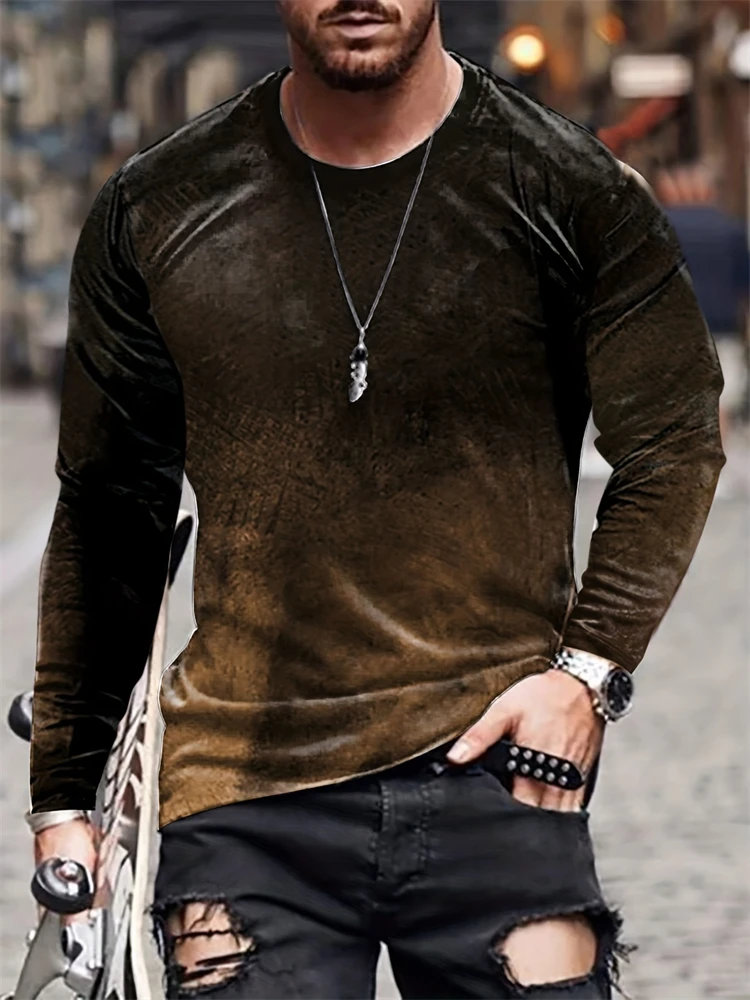 

Retro Old Print Long-sleeved T-shirt Spring Men's Daily Casual Long-sleeved Top Men's Street Fashion Round Neck Long-sleeved