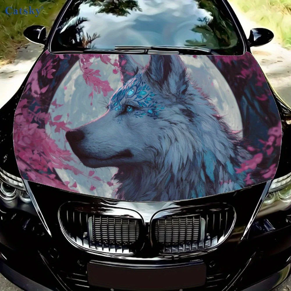 

Наклейка на капот автомобиля Blue Wolf Amidst с розовыми цветами и лунным светом, очаровательная авто художественная наклейка, самоклеящаяся водонепроницаемая наклейка на внешний вид автомобиля Vi