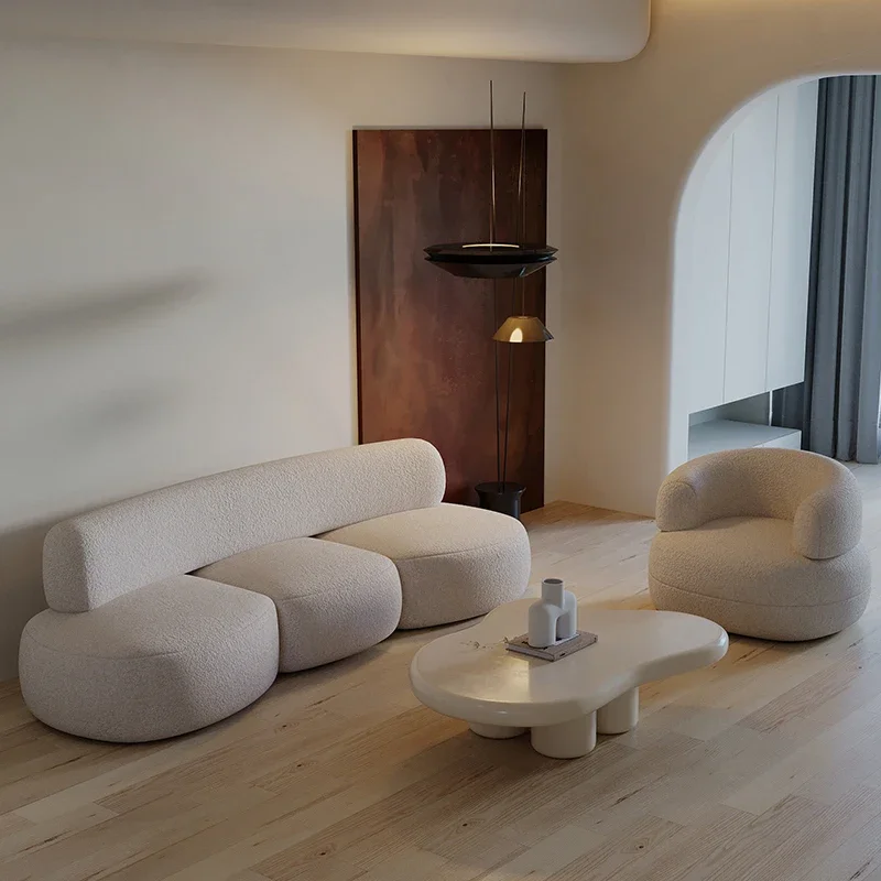 

Nordic Style Minimalist Sofa Mechanism Luxury Curved Couch Wooden Lambswool Comfort Soft Divani Soggiorno Living Room Furniture