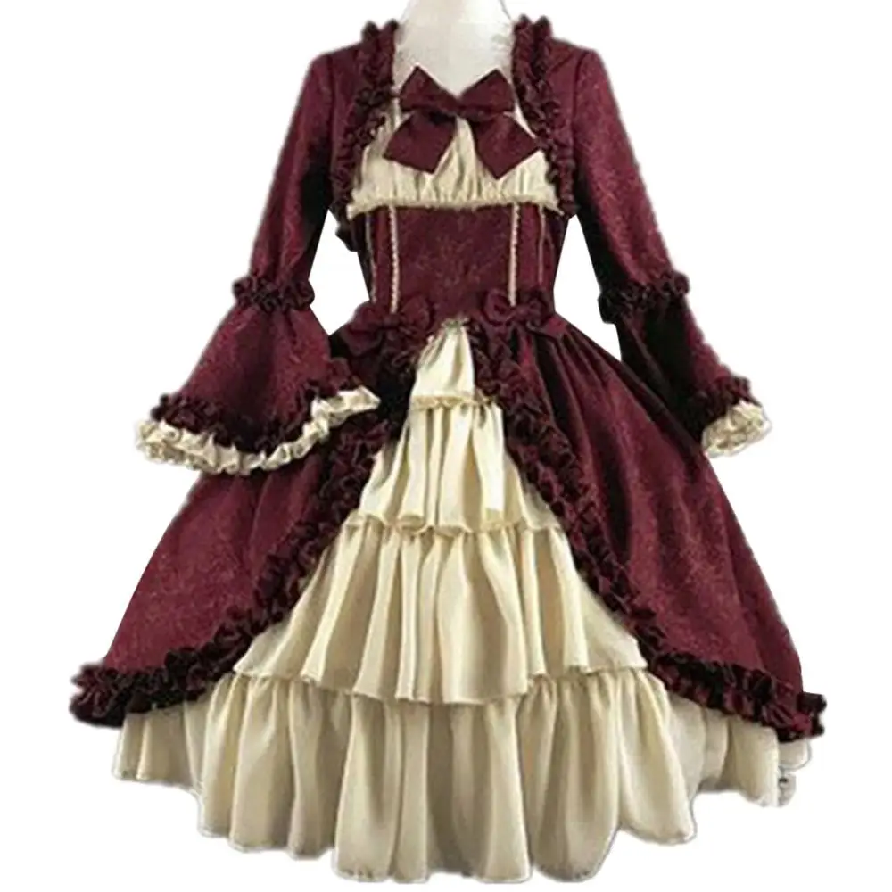

Elegant Cosplay Lady Retro Square Neck Dress Tights Waist Bowknot Medieval Dress ropa mujer Party Costume vestido Medieval Dress
