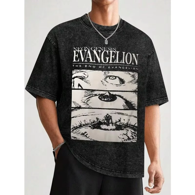 2026 Summer Fashion New Century Evangelion EVA Battle Pattern Design Outdoor T-shirt Y2K Harajuku Washed Short Sleeve Large
