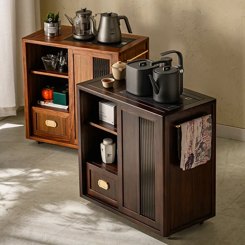 Ebony Solid Wood Tea Cabinet Movable Tea Table Side Table with Kettle Integrated Tea Cart for Living Room Balcony Household