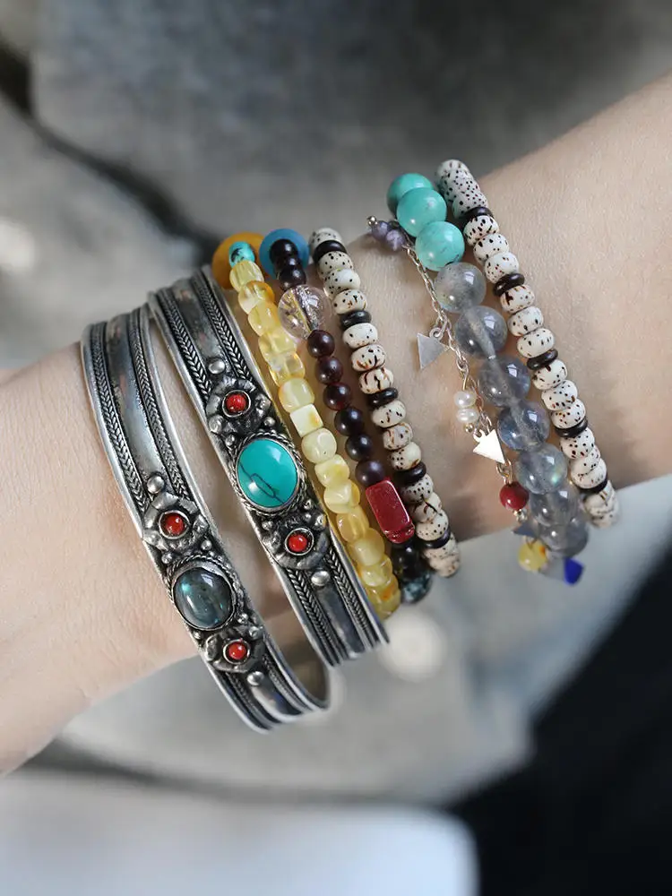 BB-456 Tibetan Bangles White Metal Copper Inlaid Simulated Turquoise Open Cuff Bangle Nepal vintage Jewelry
