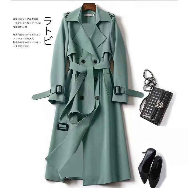 Damen-Trenchcoat mit Doppelreiher, lang, mit Gürtel, Reverskragen, Herbst-Winter, winddicht, klassische Oberbekleidung – Detail 11