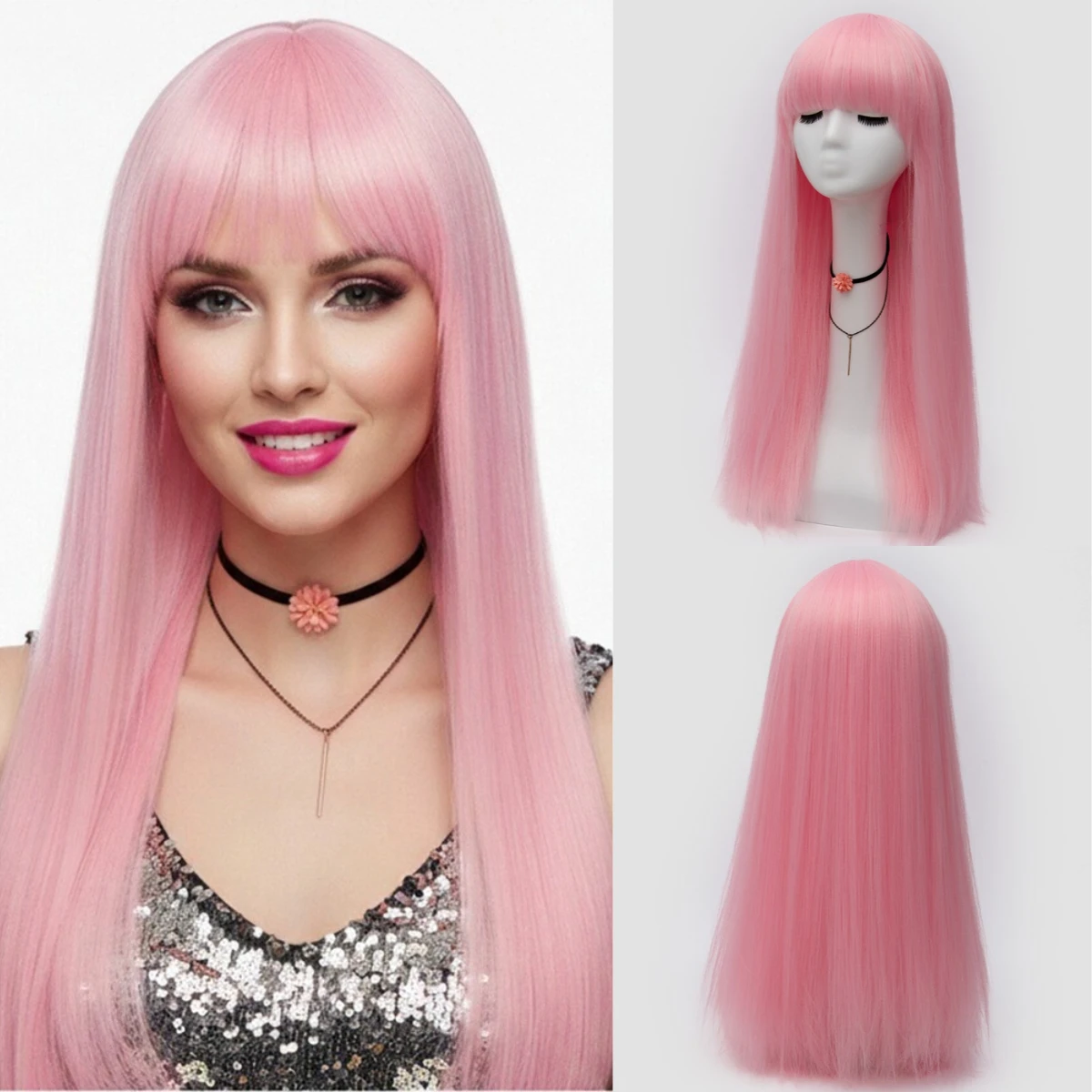 

Synthetic Long Straight Pink Wig With Bangs Wig - Ideal for Halloween Style & Cosplay Anime Party Fake Hair