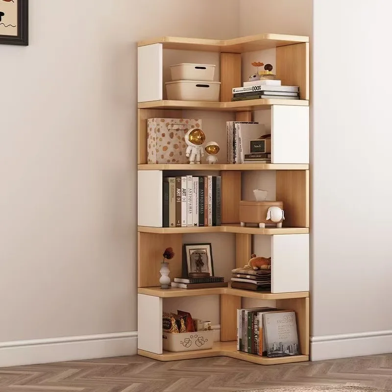 Corner bookshelf Floor-to-ceiling shelf Household storage cabinet Living room corner multi-layer storage rack Simple solid wood
