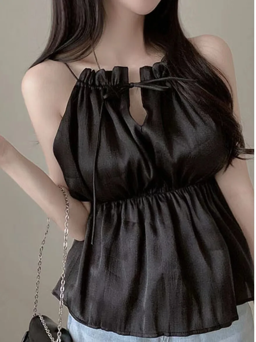 شيك الصيف تصميم Svel بلوزة شيفون Ne معلقة مربوط الخصر التخسيس Ele Strapl لون نقي المرأة سترة بلوزة