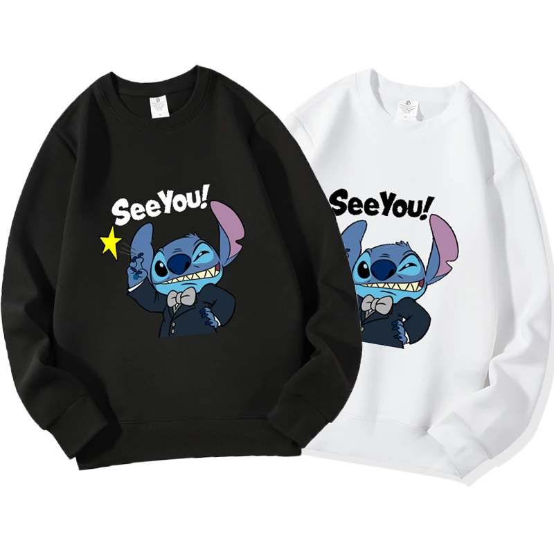 

Cartoon Winter Disney Stitch Hoodies Kawaii Female Cute Anime Peripheral Manga Streetwear Letter Waving Sweatshirt Round Neck