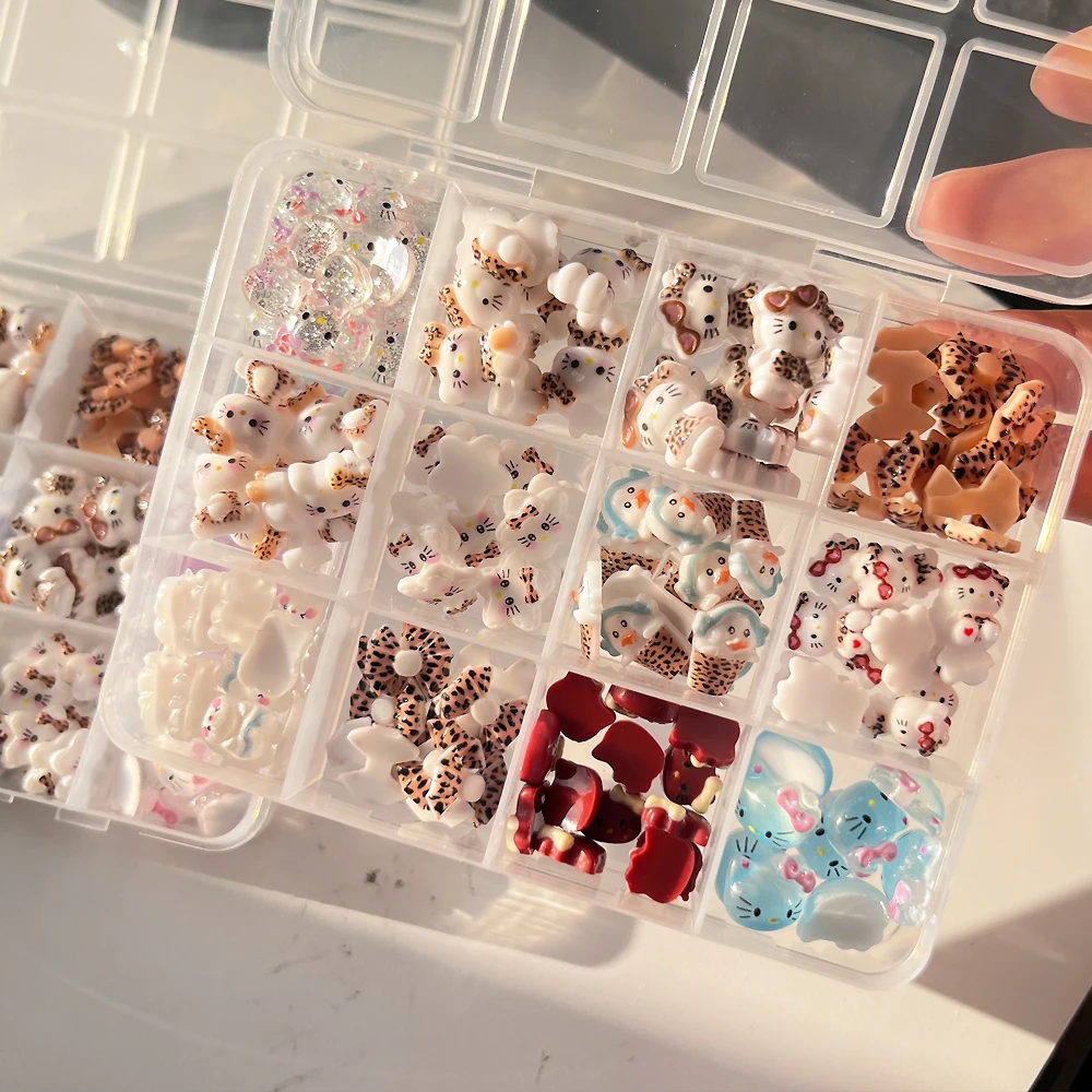 12 شبكة ليوبارد طباعة سلسلة مرحبا كيتي مسمار السحر Kawaii ليوبارد Bowknot نظارات كيتي مسمار الفن حجر الراين الكرتون مسمار أجزاء