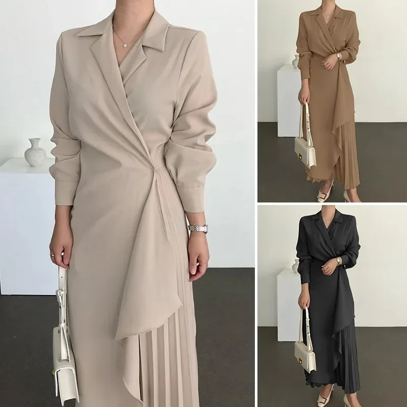 Dresses For Women 2023 Pleated Formal Elegant Shirt Long Dress Office Lady Muslim Vintage Solid Color Suit Evening Vestido