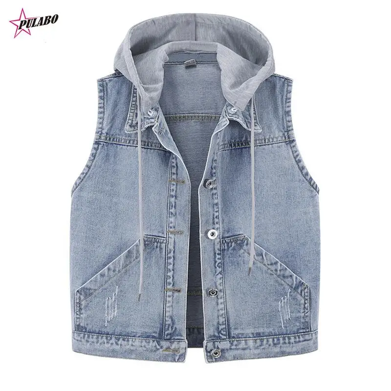 

PULABO 4XL 5XL Women Denim Vest Hood Summer Slim Jeans Gilet Femme Streetwear Sleeveless Short Jackets Jean Waistcoat