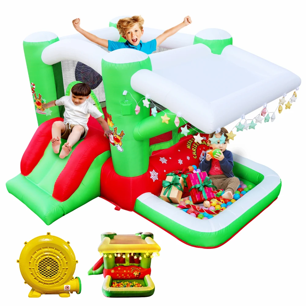 Buceo inflable Christmas Jump 'n Slide para niños Configuración completa con soplador - Área de juego de 80" x 91" - 55" de alto