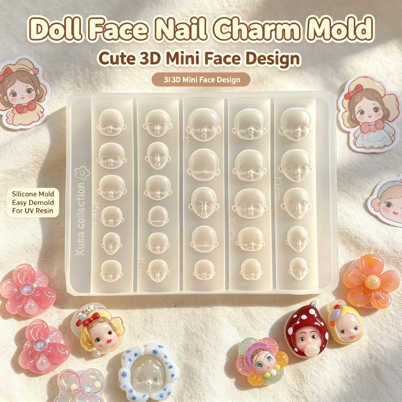 Niedliche Mini-Puppenkopf 3D-Nagel-Silikonform, Multi-Style-Charaktergesicht DIY-Nagelkunst-Charms – Detail 1