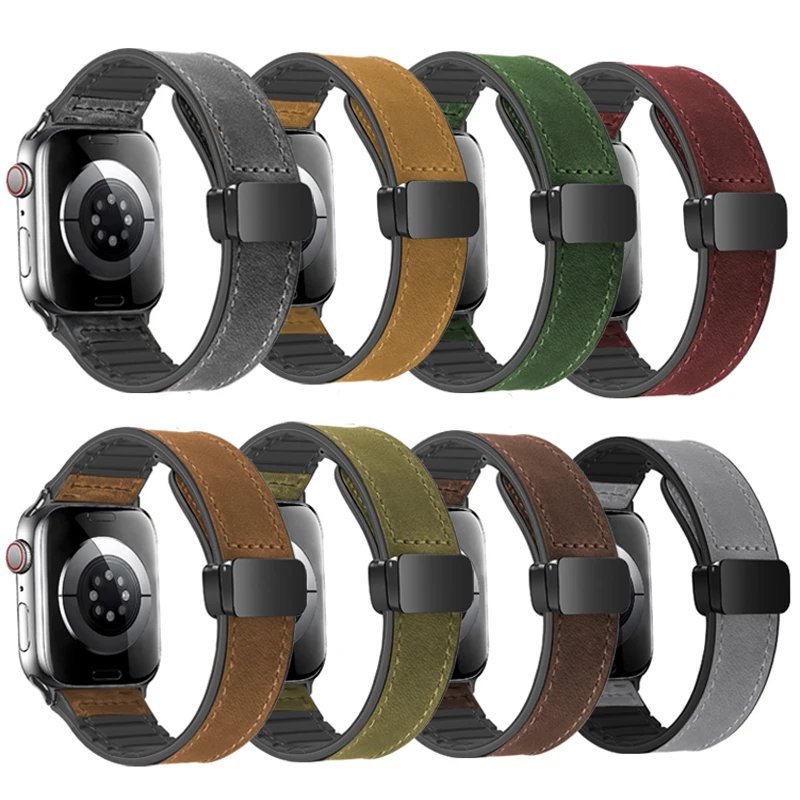 Magnetic Clasp Silicone Leather Band For Apple Watch Band 45mm 44mm 40mm 41mm 49mm 42mm Strap For iWatch series 10 9 SE 7 Ultra