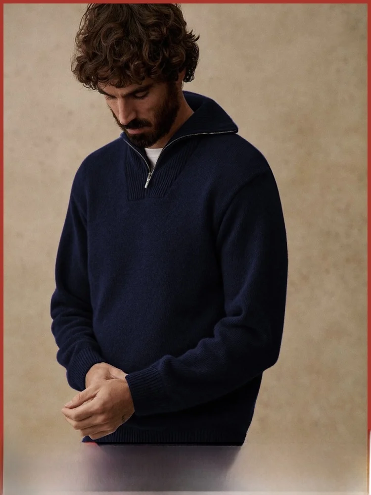   Casaco de malha de lã de seda gola alta masculino quente sli outono primavera temporada casual solto ajuste longo sve zíper