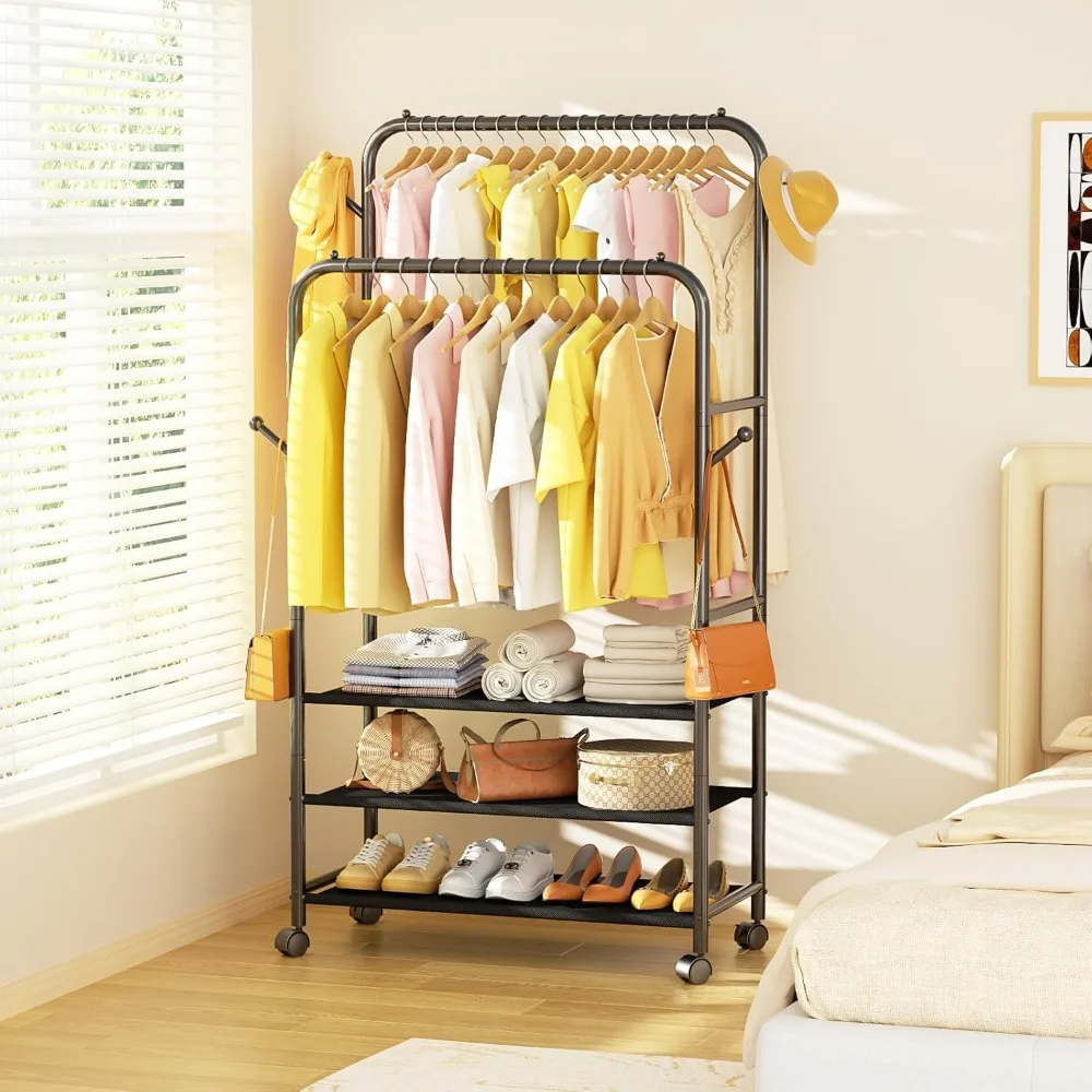 

Clothes Racks for Hanging Clothes, Portable Rolling Garment Rack, Sturdy Metal Freestanding Cloths Rackswith Wheels