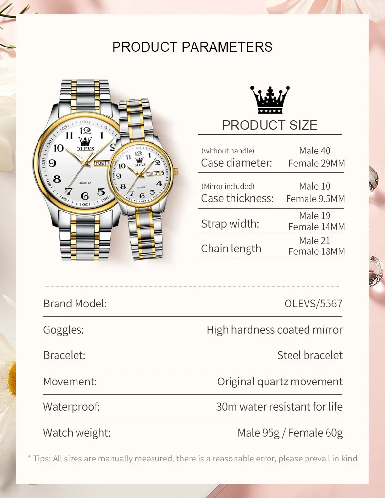 OLEVS-Montre de couple à quartz en acier inoxydable étanche pour hommes et femmes, calendrier des touristes classique, original, échelle numérique, luxe, 5567