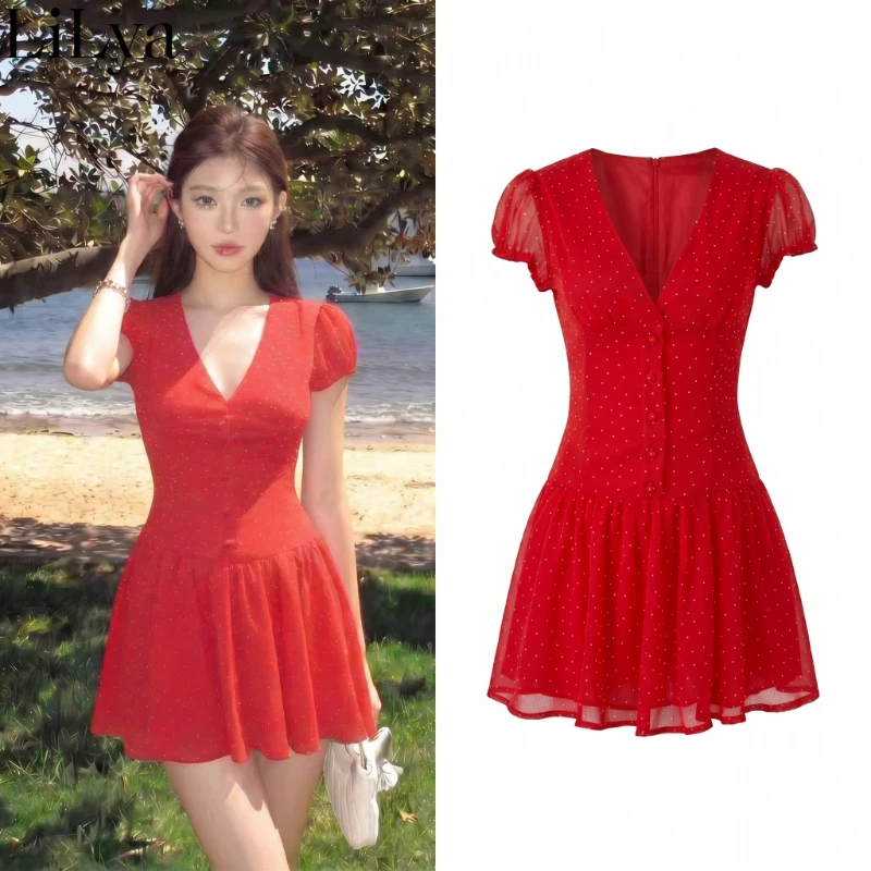 Red Fashion Eye-catching Polka Dot V-neck Dress Women 2026 Summer New Elegant Waist Slimming Niche Design Short Woman Dress
