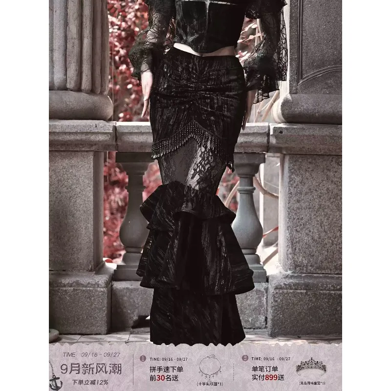 Black Gothic Velvet Mermaid Long Skirt Women Sheer Lace Patchwork Ruffle Layered Hem High‑Waist Slim Party Evening Skirt