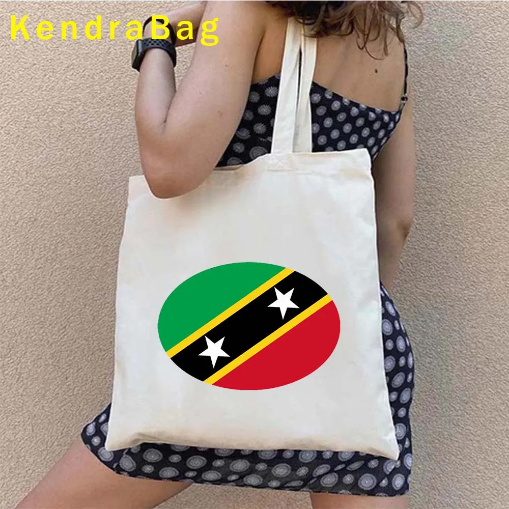 Sacola de ombro de lona para mulheres, São Cristóvão e Nais, mapa da bandeira, brasão, emblema redondo, coração do amor, presentes de viagem, bolsas de compras