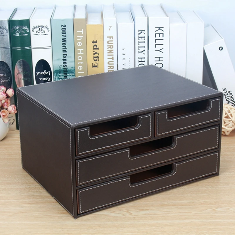 Wood Structure 4-Drawers Synthetic Leather Office Storage Box Office Organization Documents Holder A4 organisers PSNH034