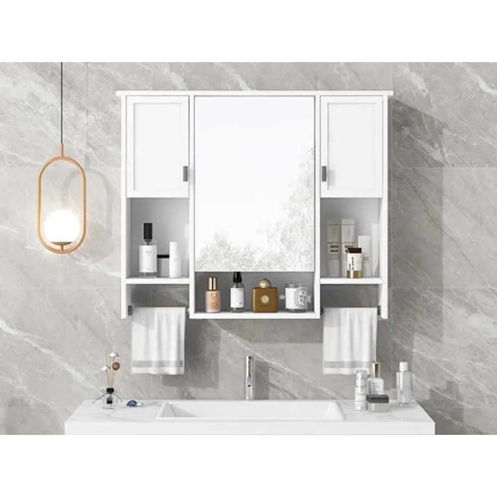 Wall Mount Bathroom Cabinet with Mirror, Open Shelf, and Towel Bar, 35" W x 28.7" H Over The Toilet Mirrored Bathroom Wall