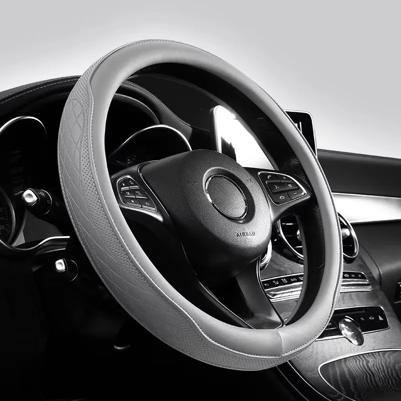PU Leather Perforated Steering Wheel Cover Durable Leather Cover with Anti-Slip Lining, Fits 14.5-15in Diameter