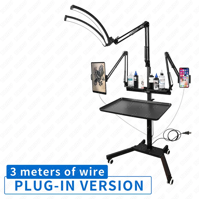 TAIDU Tattoo Werkstation Met Opvouwbare Mobiele LED-lamp 60W Telefoonhouder Tattoo Tray Tafel Met Nagellamp Tattoo Werkwagen