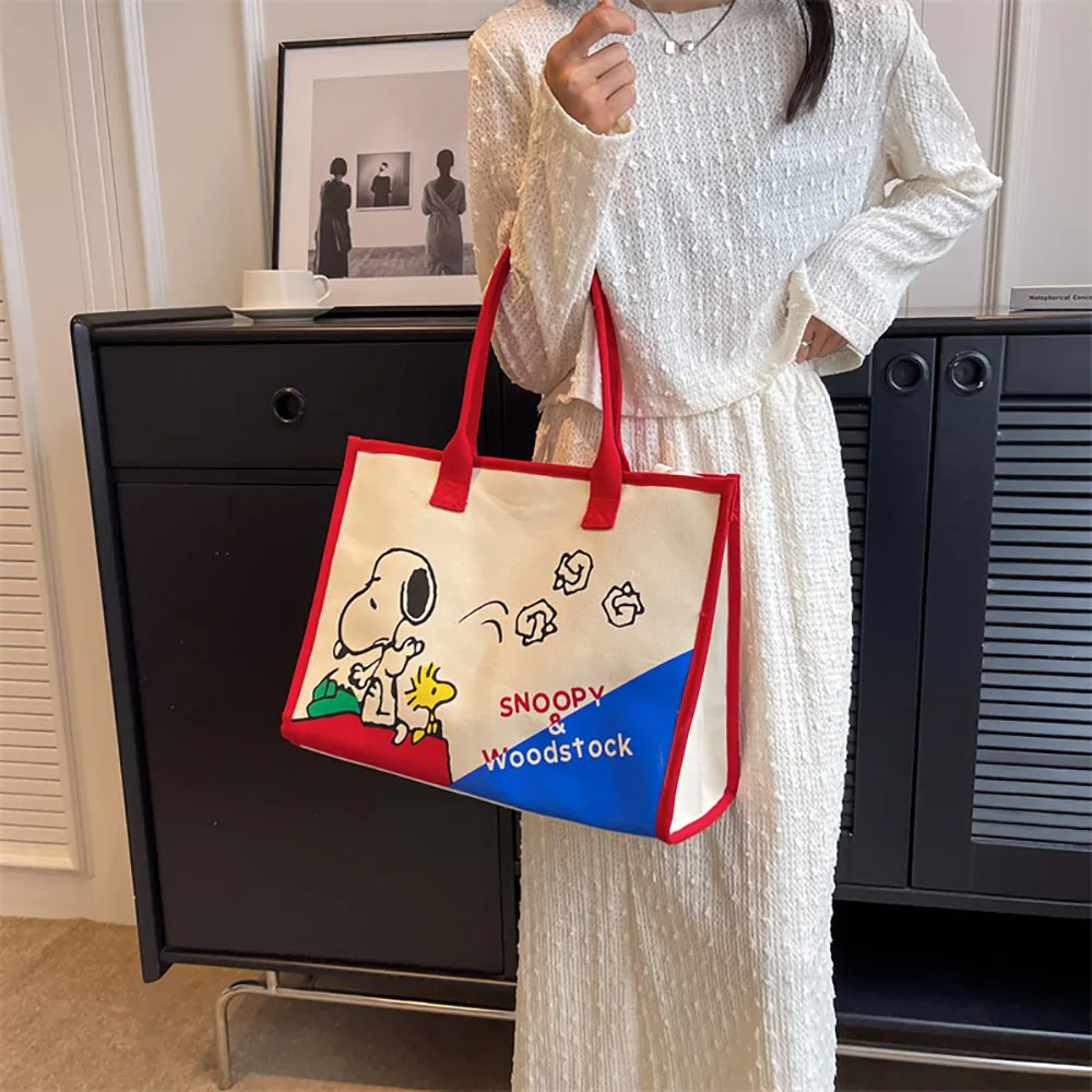 Snoopy Cartoon Canvas Handbag Fashion Portable Satchel Kawaii Anime Mommy Canvas Bag Commuter Backpack Women Tote Birthday Gifts