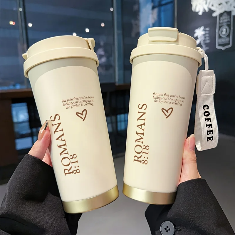 personalized 316 stainless steel insulated coffee mug with name text and strap, double wall travel cup for hot and cold drinks