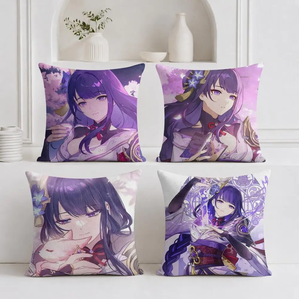 Genshin Impact Raiden Shogun Cushion Cover Plush Fabric Soft Double-Sided Printed Sofa Warm Winter Home Gift Pillow Cover