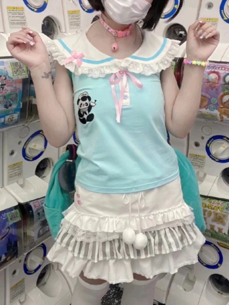 ญี่ปุ่นหวาน JK Hot Chick 2 ชิ้นชุดชุดสตรี Lace Patchwork Tops + น่ารักเค้กกระโปรงใหม่ Lolita แฟชั่นฤดูร้อนชุด 2025