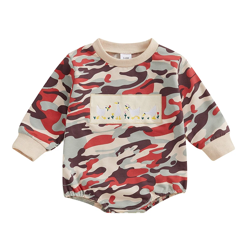 Baby Boy Sweatshirt Romper Casual Duck Patch Camouflage Print Long Sleeve Jumpsuit for Infant Toddler Fall Outfit