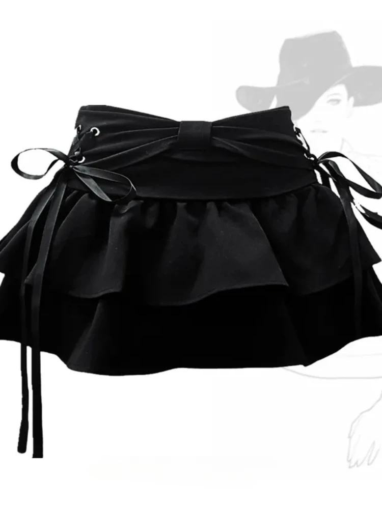 QWEEK Coquette Kawaii Cute Black Bandage Mini Skirt Y2k Sweet Girl Preppy Style Ruffles Pleated Korean Fashion Kpop 2024 Fashion