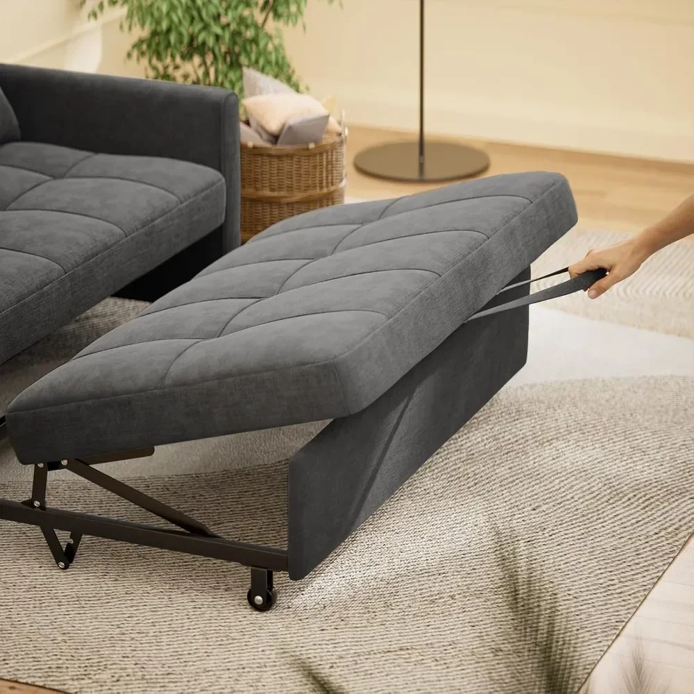 Conversível 3 em 1 sofá-cama, 52 ", 2 lugares Loveseat com pull out cama, tecido de linho, Futon sofás com travesseiros e bolsos