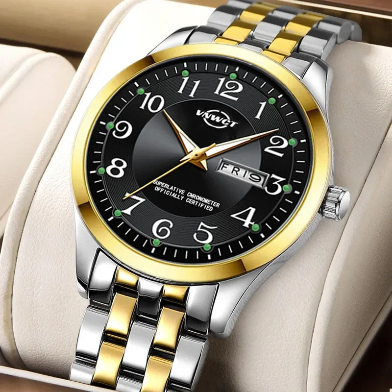 

Luxury Men's Watch Stainless Steel Band Fashion Luminous Quartz Watch for Man Dual Calendar Male Clock Reloj Hombre Clock